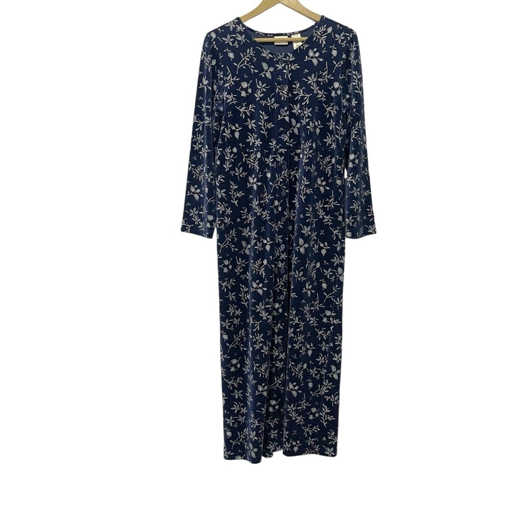 L.L. Bean Blue Velvet Floral Button Up Maxi Dress‎ Size Small Modest Soft Cozy
